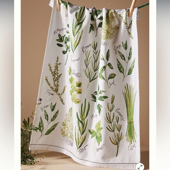 Anthropologie Neutral Ivory Green Types of Herbs Cotton Tea Dish Kitchen Towel - Picture 1 of 11
